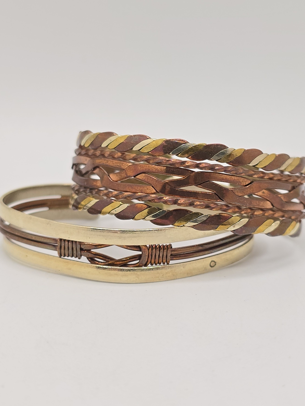 2 Mixed Metal Cuff Bracelets Woven Braided Copper Gold Tone, 5.75"
